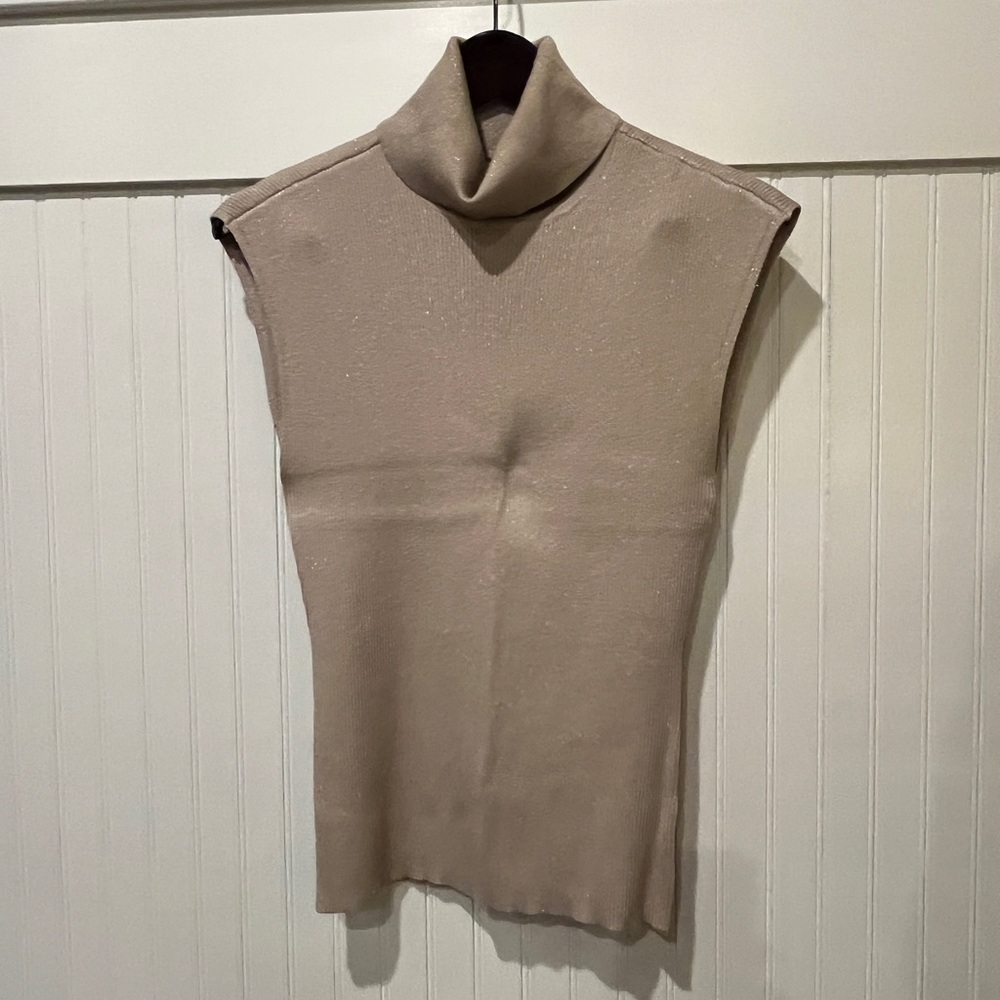 White House Black Market Sleeveless Beige Metallic Shimmer Turtleneck Sweater